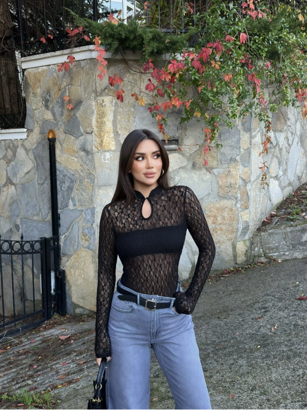 Siyah Damla Dekolteli Astarlı Bodysuit