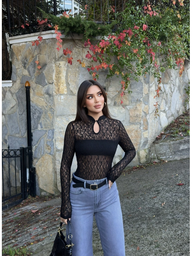 Siyah Damla Dekolteli Astarlı Bodysuit