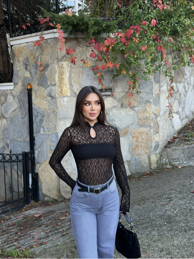 Siyah Damla Dekolteli Astarlı Bodysuit