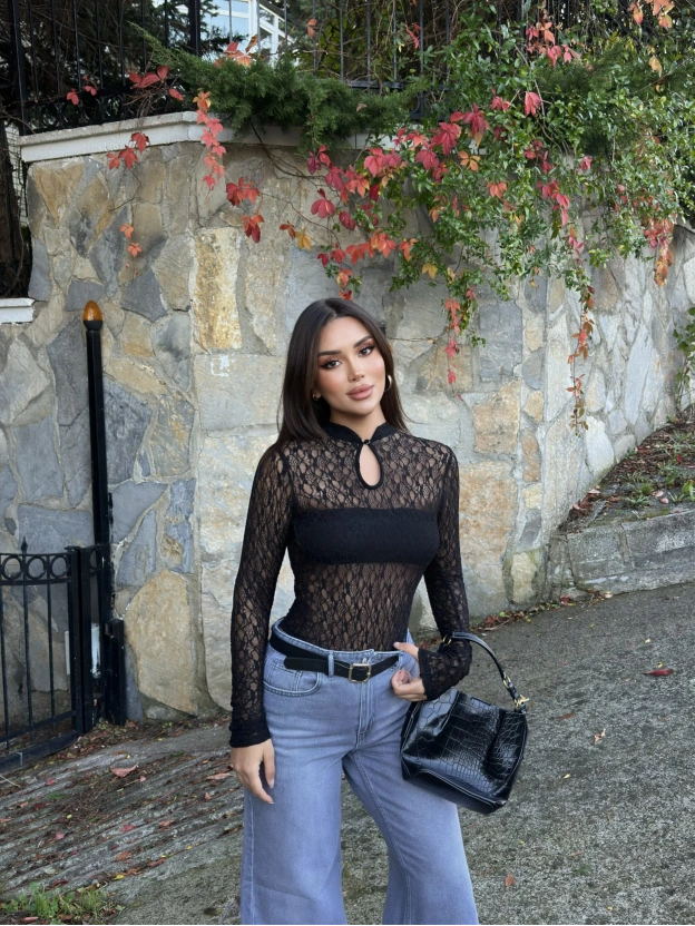 Siyah Damla Dekolteli Astarlı Bodysuit