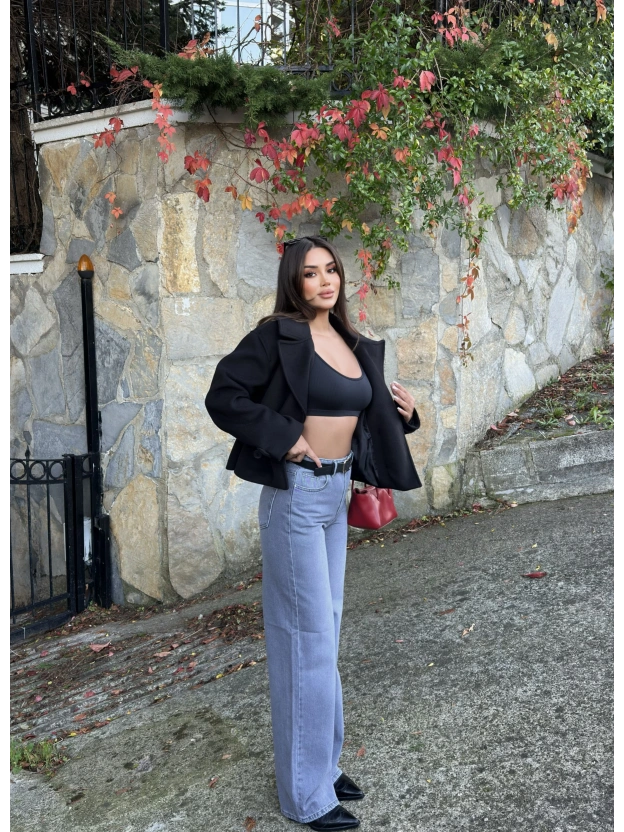 Gri Kemerli Wide Leg Jean