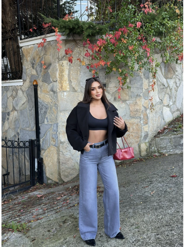 Gri Kemerli Wide Leg Jean