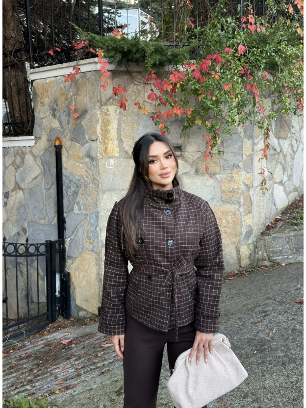 Kahverengi Mini Kareli Dik Yaka Kaşe Kaban