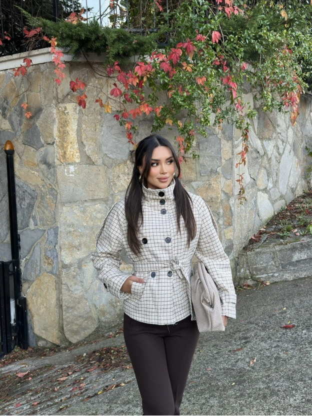 Bej Mini Kareli Dik Yaka Kaşe Kaban