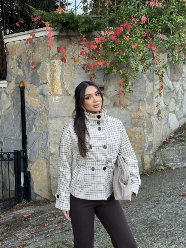 Bej Mini Kareli Dik Yaka Kaşe Kaban
