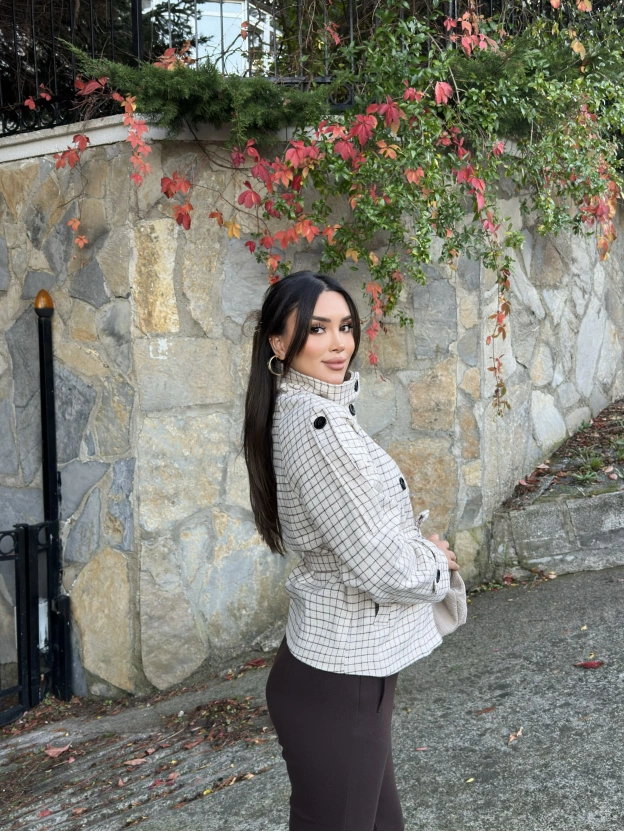 Bej Mini Kareli Dik Yaka Kaşe Kaban