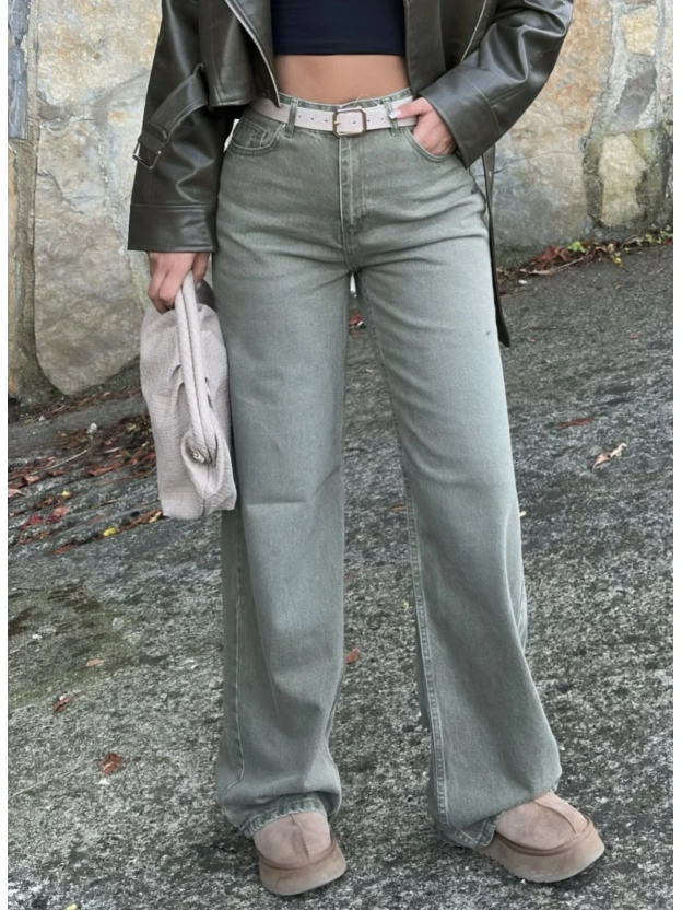 Yeşil Kemerli Wide Leg Jean
