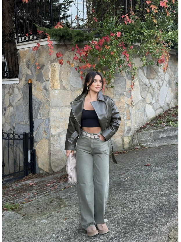Yeşil Kemerli Wide Leg Jean