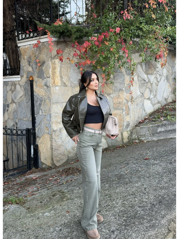 Yeşil Kemerli Wide Leg Jean