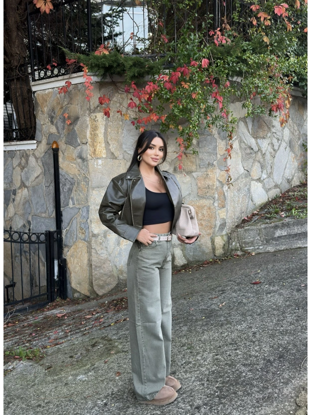 Yeşil Kemerli Wide Leg Jean