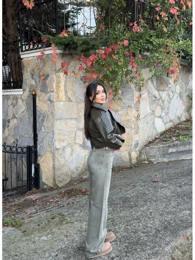 Yeşil Kemerli Wide Leg Jean