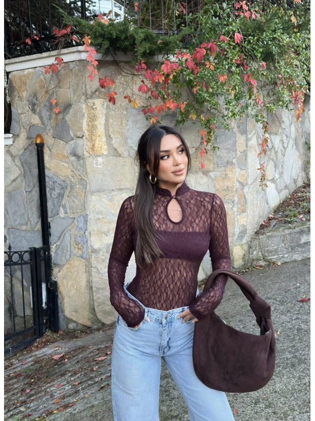 Mürdüm Damla Dekolteli Astarlı Bodysuit