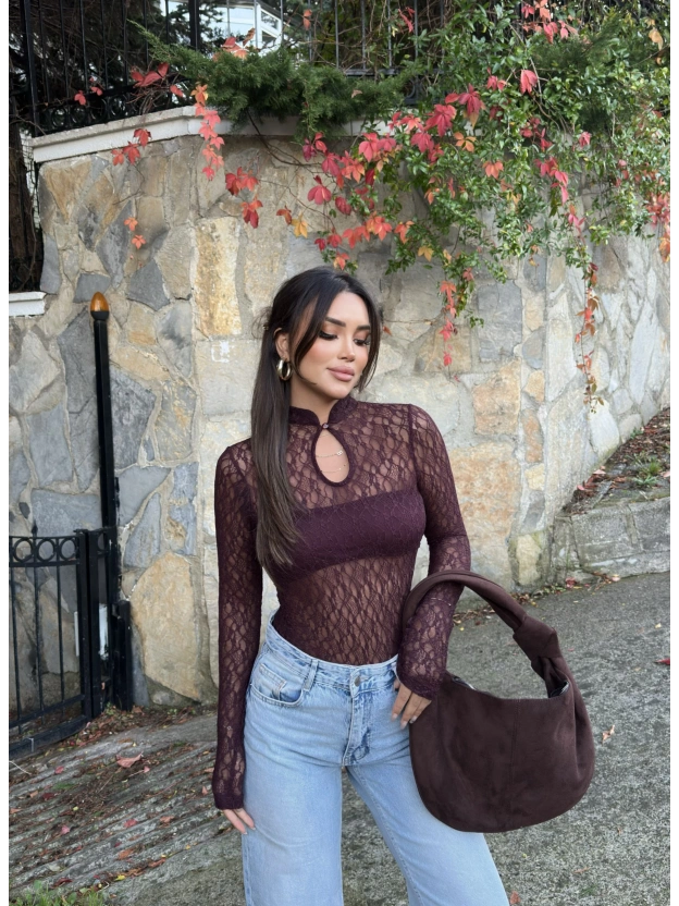 Mürdüm Damla Dekolteli Astarlı Bodysuit