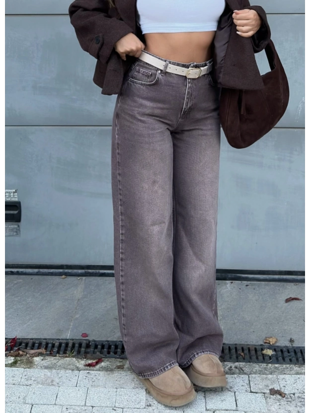 Kahverengi Kemerli Wide Leg Jean