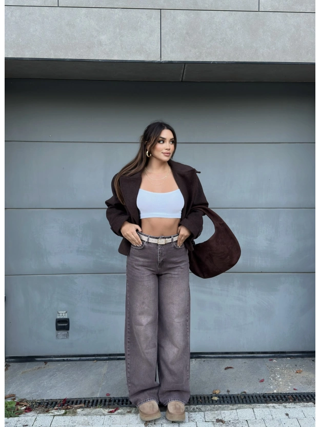 Kahverengi Kemerli Wide Leg Jean