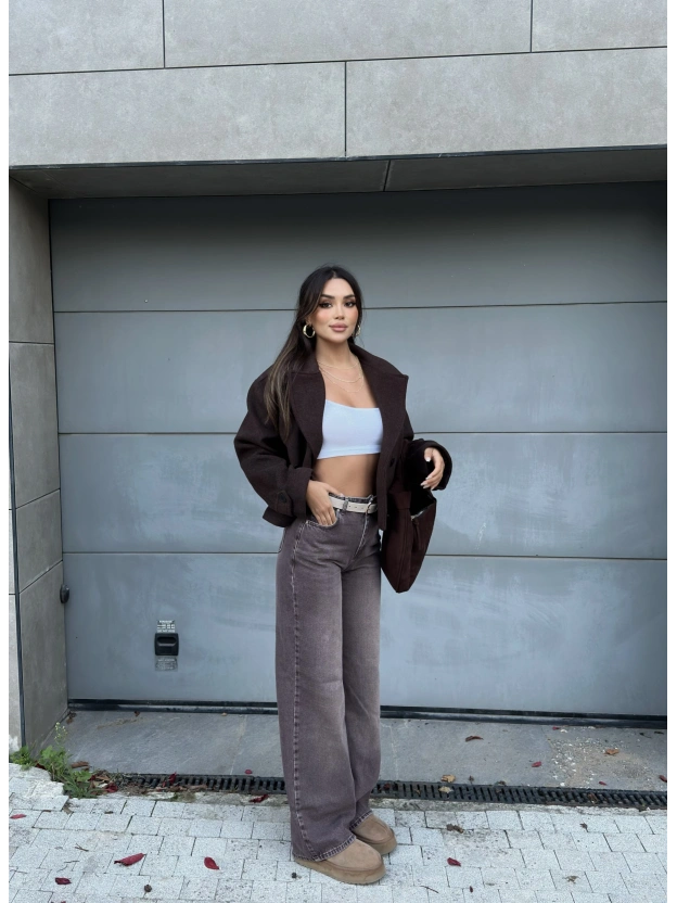 Kahverengi Kemerli Wide Leg Jean