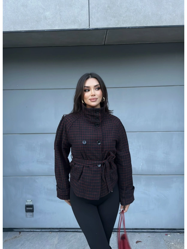 Siyah Mini Kareli Dik Yaka Kaşe Kaban