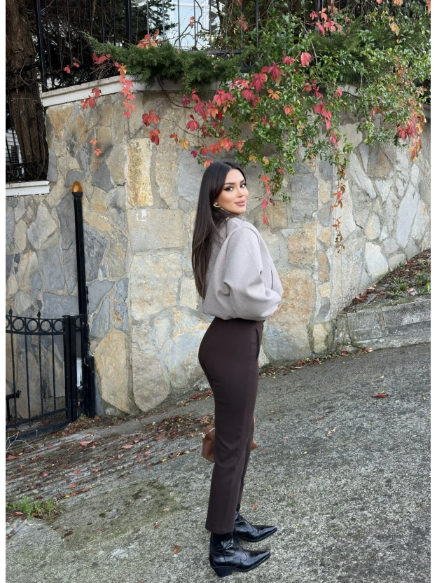 Kahverengi Yüksek Bel Kaşe Pantolon