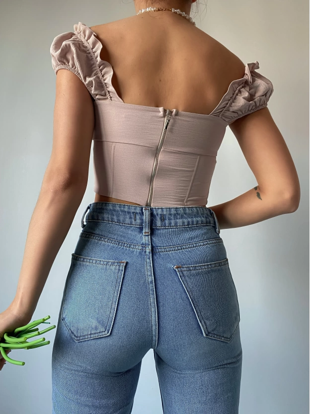 Bej Korse Detaylı Elizabeth Crop Bluz