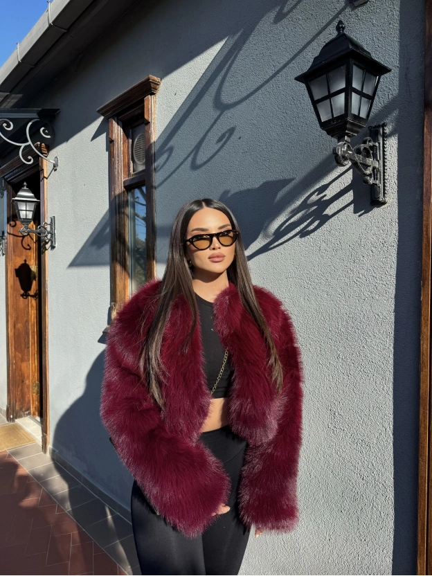Bordo Crop Kürk Ceket