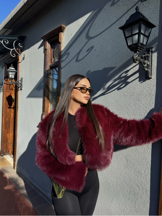 Bordo Crop Kürk Ceket