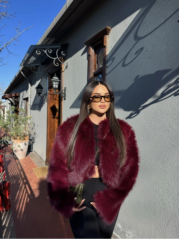 Bordo Crop Kürk Ceket
