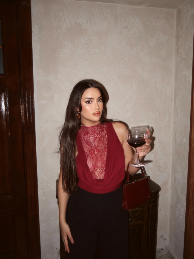 Bordo Dantel Detay Derin Degaje Bodysuit