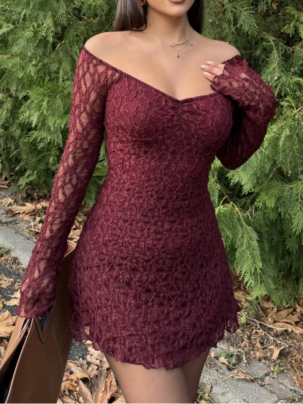 Bordo Dantel Detay Mini Elbise