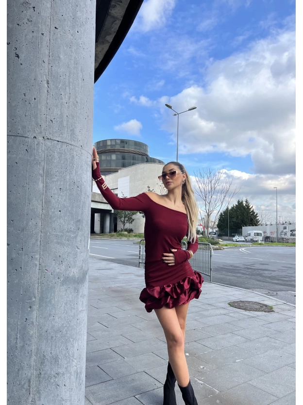Bordo Madonna Yaka Balon Elbise