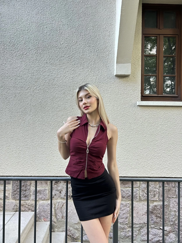 Bordo Polo Yaka Fermuar Detay Bluz