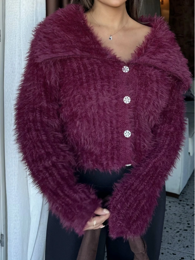 Bordo Polo Yaka Taşlı Yumoş Kazak