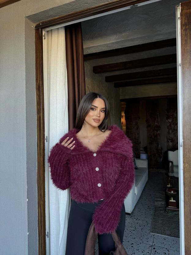 Bordo Polo Yaka Taşlı Yumoş Kazak