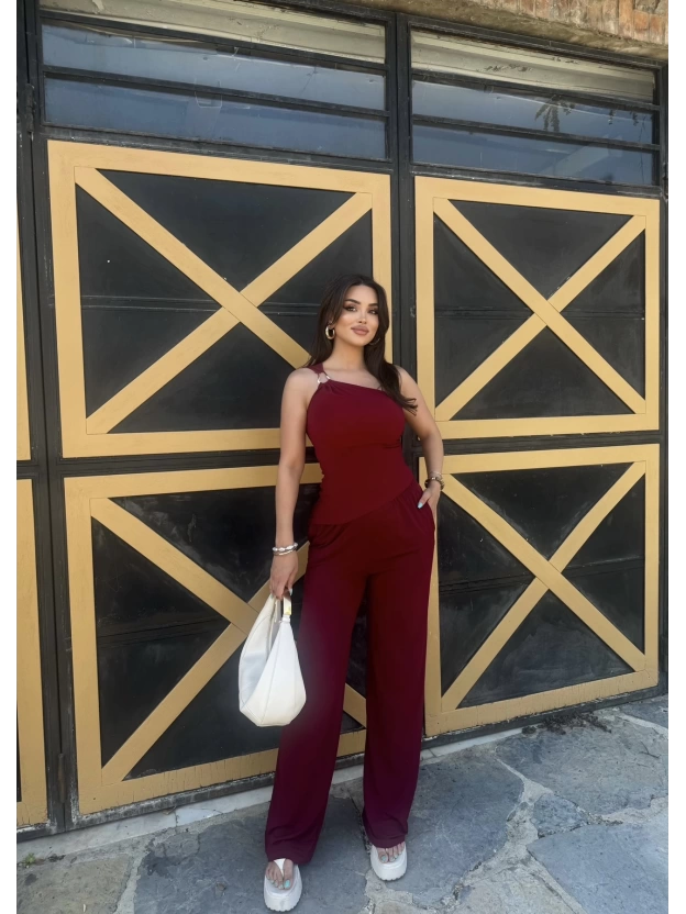 Bordo Sandy Tek Omuz Asimetrik Takım