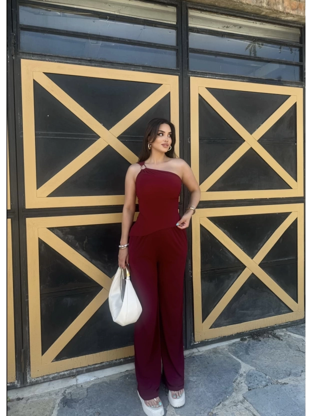 Bordo Sandy Tek Omuz Asimetrik Takım