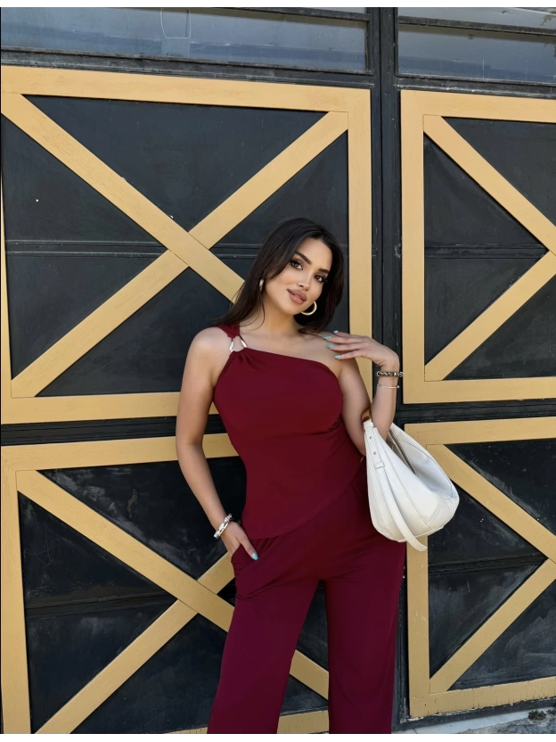 Bordo Sandy Tek Omuz Asimetrik Takım