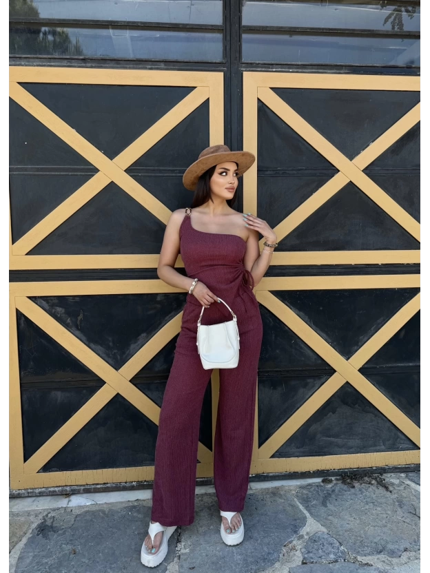 Bordo Tek Omuz Asimetrik Takım