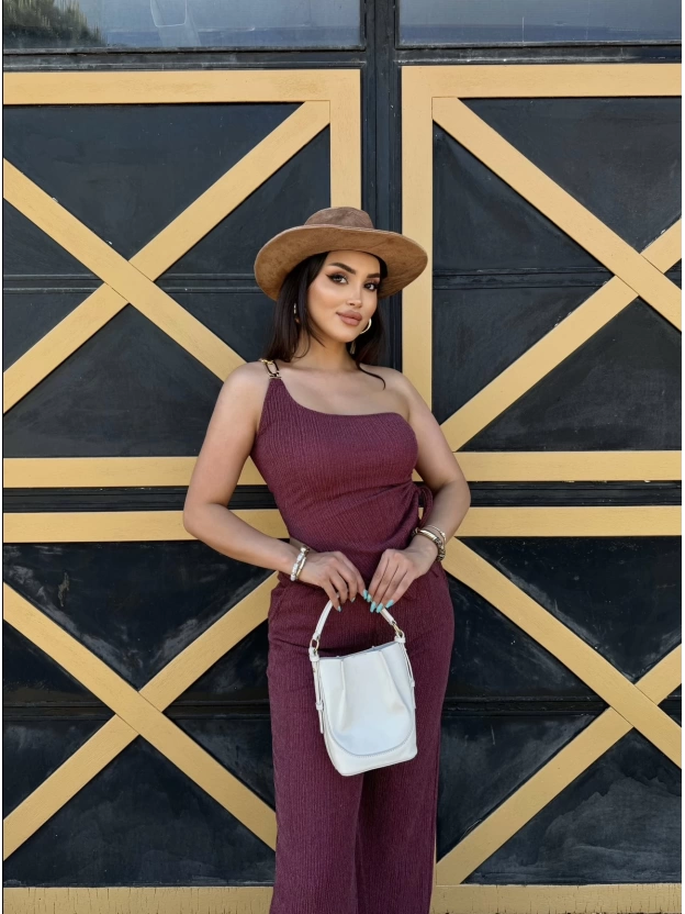Bordo Tek Omuz Asimetrik Takım