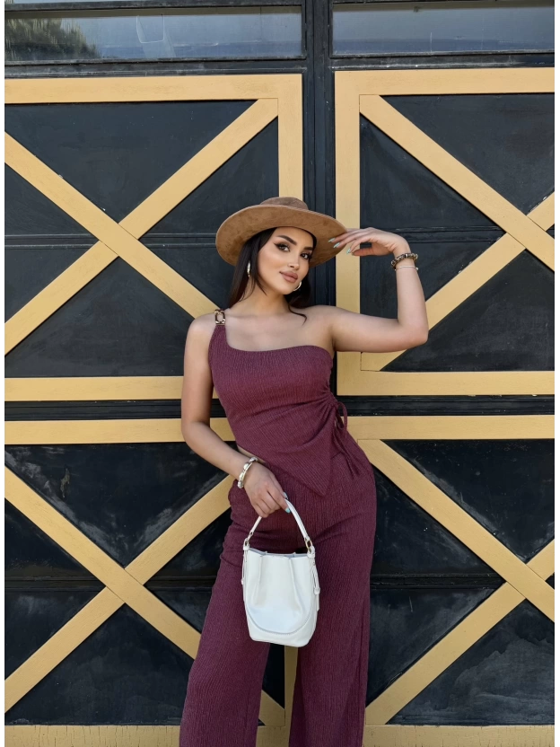 Bordo Tek Omuz Asimetrik Takım