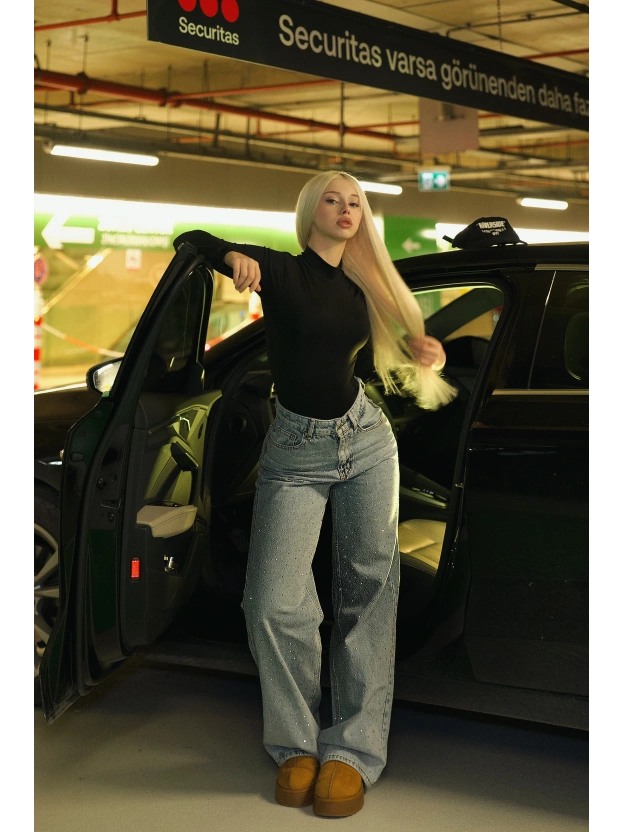 Buz Mavisi Taşlı Palazzo Pantolon