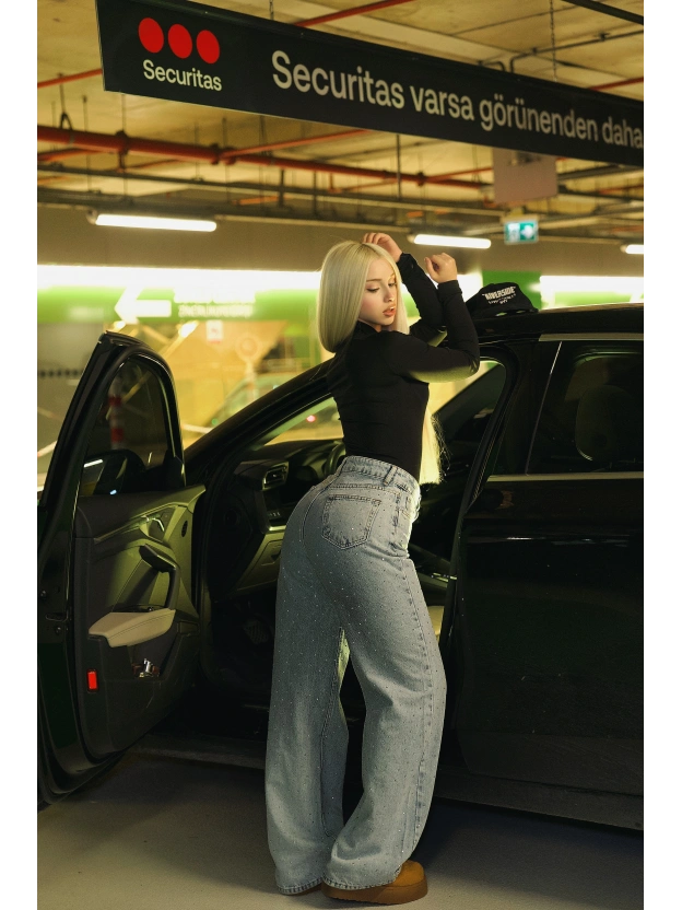 Buz Mavisi Taşlı Palazzo Pantolon