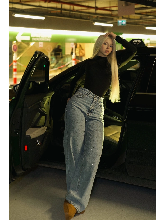 Buz Mavisi Taşlı Palazzo Pantolon