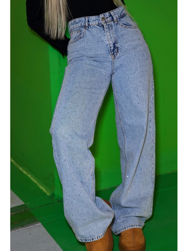 Buz Mavisi Taşlı Palazzo Pantolon