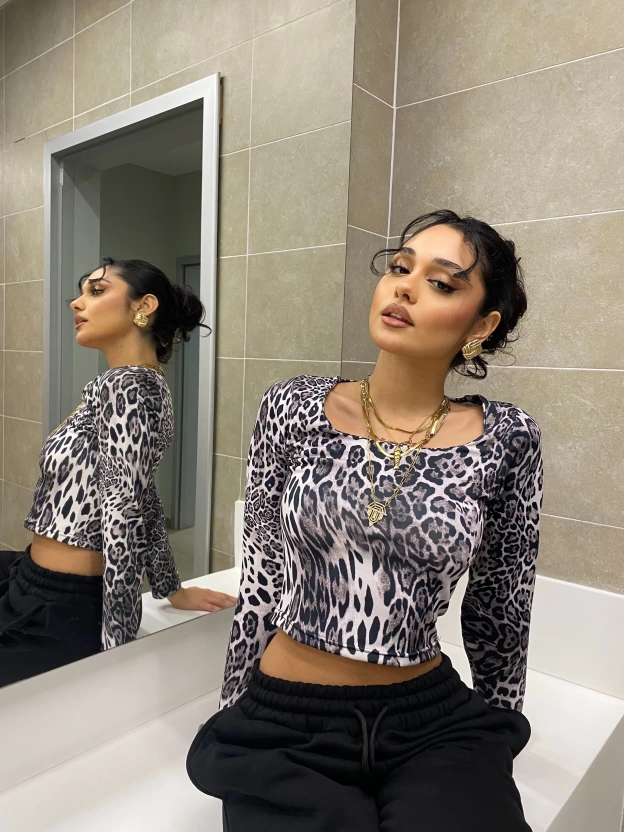 Füme Leopar Dijital Baskılı Crop