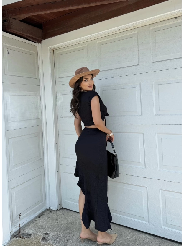 Siyah Ön Bağlama İkili Crop Etek Takım