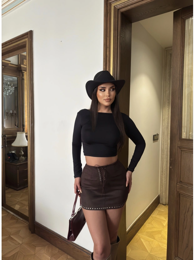 Kahverengi Zımbalı Süet Etek