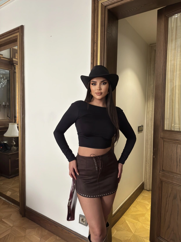 Kahverengi Zımbalı Süet Etek