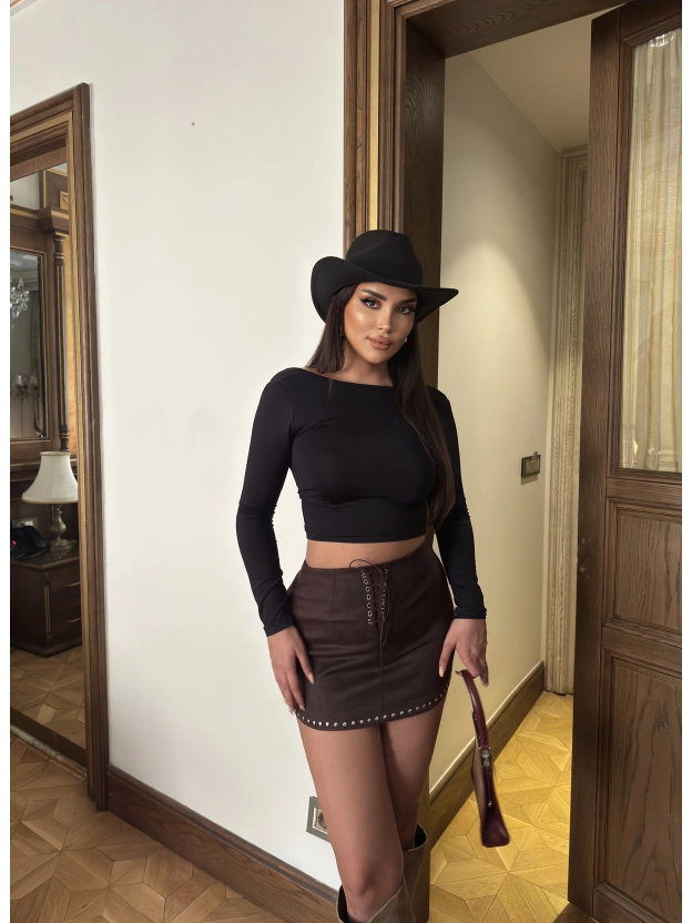 Kahverengi Zımbalı Süet Etek