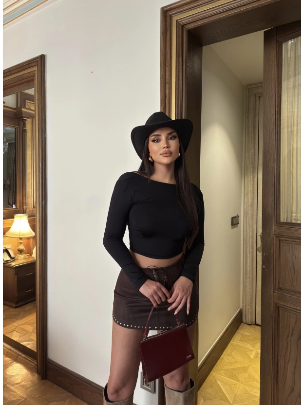 Kahverengi Zımbalı Süet Etek