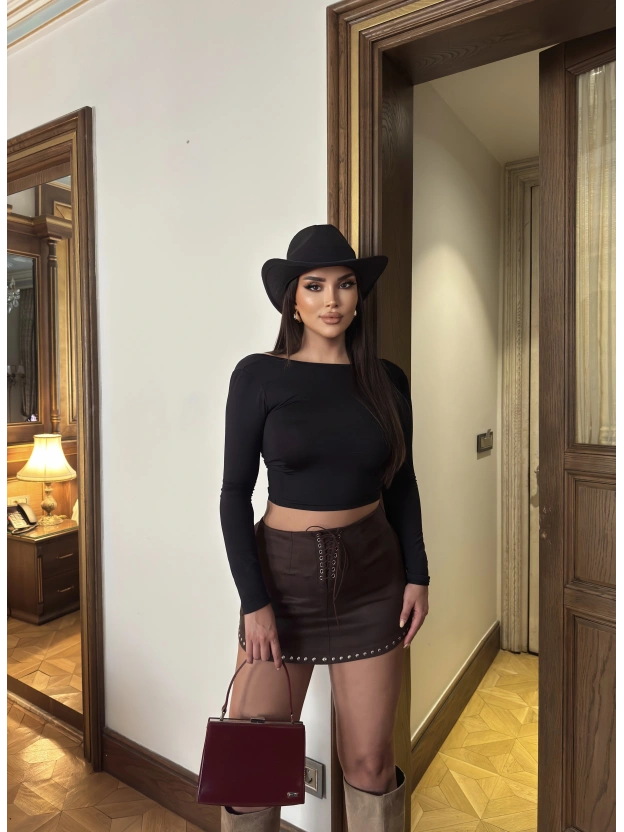 Kahverengi Zımbalı Süet Etek