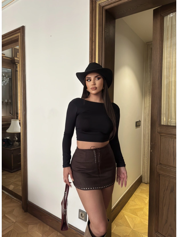 Kahverengi Zımbalı Süet Etek